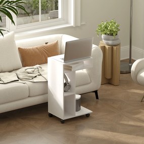 HOMCOM Măsuță laterală în formă de C cu roți, cu 3 compartimente și 1 raft deschis, 40 x 30 x 69 cm, alb | Aosom Romania