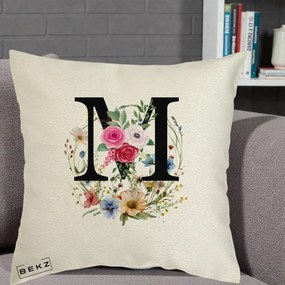 Cadou Personalizat - Perna Personalizata Monogram Litera M cu Flori Acuarela, 40x40 cm, Ecru, Husa Detasabila, Perna Inclusa, BEKZ®