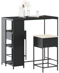 vidaXL Set mobilier bar de grădină cu perne, 3 piese, negru, poliratan