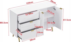 Bufet cu uși și rafturi interioare, sertare, mânere și picioare aurii, 120x38x80,5 cm, Alb