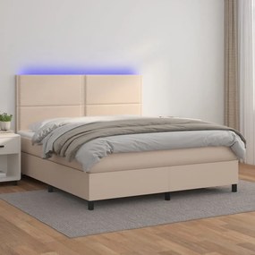 3135902 vidaXL Pat cu arcuri, cu saltea și LED cappuccino 180x200 cm piele eco