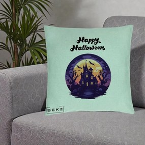 Perna Decorativa Happy Halloween Casa Bantuita Violet, 40x40 cm, Verde Menta, Husa Detasabila, Perna Inclusa, BEKZ®