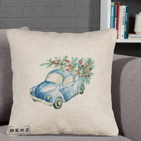 Perna Decorativa Masinuta Albastra cu Brad de Craciun, 40x40 cm, Bej Canapea, Husa Detasabila, Perna Inclusa, BEKZ®