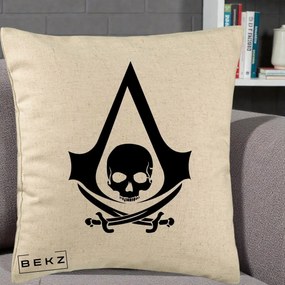 Perna Personalizata Assassin's Creed Black Flag Skull, 40x40 cm, Bej, Husa Detasabila, Perna Inclusa, BEKZ®