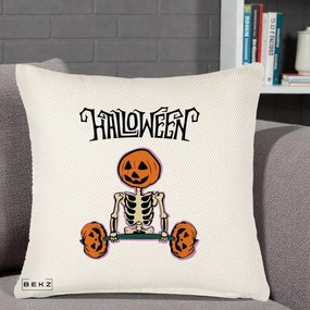 Perna Decorativa Halloween Schelet cu Cap de Dovleac Powerlifting, 40x40 cm, Crem Reliefat, Husa Detasabila, Perna Inclusa, BEKZ®