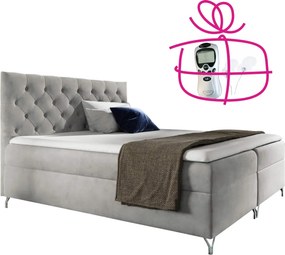 Pat cu boxspring, 140x200, ţesătură gri deschis Velvet, GULIETTE + cadou