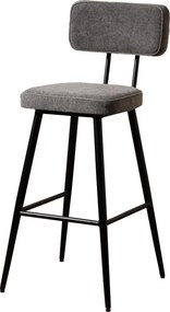 Scaun de bar tapițat din bumbac gri și fier negru, cu spătar dreptunghiular și suport pentru picioare, aspect stonewashed, 105 x 48 x 48 cm, „Fairfax”