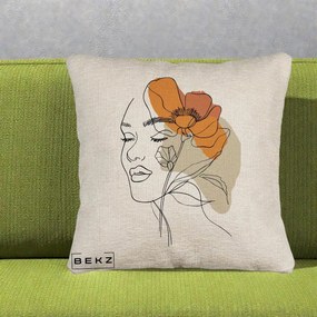 Perna Decorativa Portret Feminin Mac Mare Portocaliu, 40x40 cm, Bej Canapea, Husa Detasabila, Perna Inclusa, BEKZ®