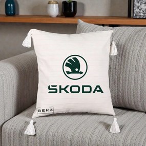 Perna Personalizata cu emblema Skoda, 40x40 cm, Bej cu Franjuri, Husa Detasabila, Perna Inclusa, BEKZ®