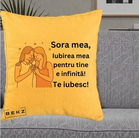 Cadou pentru Sora - Perna Personalizata Sora Mea Te Iubesc Imbratisare cu Sclipiri, 40x40 cm, Galben, Husa Detasabila, Perna Inclusa, BEKZ®
