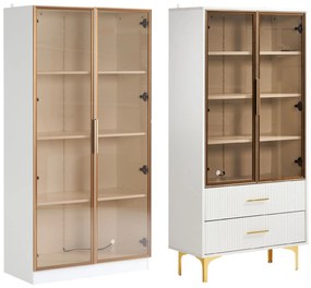 Set de Vitrine Moderne cu Iluminare LED și Rafturi Reglabile, potrivite pentru living, birou, din Sticlă, 80x40x160 cm + 70x35x150 cm, Alb