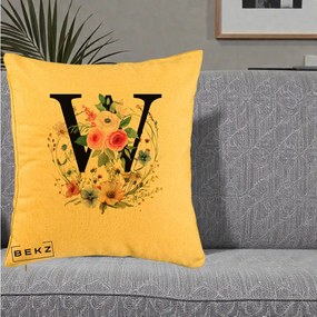 Cadou Personalizat - Perna Personalizata Monograma Florala Litera W, 40x40 cm, Galben, Husa Detasabila, Perna Inclusa, BEKZ®