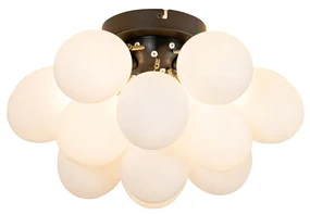 Plafoniera Art Deco neagră cu sticlă opalescentă cu 3 lumini - Uvas