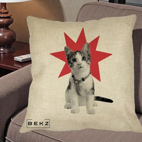 Perna Decorativa Pisica Star Pop Art, 40x40 cm, Crem, Husa Detasabila, Perna Inclusa, BEKZ®