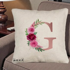 Cadou Personalizat - Perna Personalizata Monograma Rose Gold Litera G, 40x40 cm, Bej Canapea, Husa Detasabila, Perna Inclusa, BEKZ®