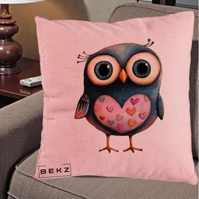 Perna Decorativa Bufnita cu Inimioare Roz, 40x40 cm, Roz, Husa Detasabila, Perna Inclusa, BEKZ®