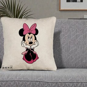 Perna Personalizata Minnie Mouse cu Fundita, 40x40 cm, Bej Canapea, Husa Detasabila, Perna Inclusa, BEKZ®