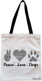 Sacosa de Panza pentru Cumparaturi, Geanta Tote, model Peace Love Dogs, Cu fermoar, 38x34.5 cm, Alba, BEKZ®