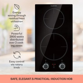 Klarstein Kochheld, plită cu inducție cu 2 zone, 2900 W, butoane rotative, sticla, negru