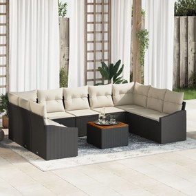 vidaXL Set de canapea de grădină cu 10 piese, perne incluse, rattan negru, lemn de acacia