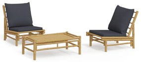 3156488 vidaXL Set mobilier de grădină, perne gri închis, 3 piese, bambus