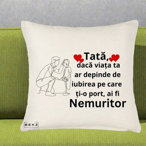 Cadou pentru Tata - Perna Personalizata Tata Nemuritor cu Inimi Rosii, 40x40 cm, Crem Reliefat, Husa Detasabila, Perna Inclusa, BEKZ®
