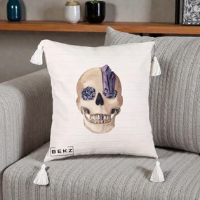 Perna Decorativa Craniu cu Cristale de Ametist, 40x40 cm, Bej cu Franjuri, Husa Detasabila, Perna Inclusa, BEKZ®