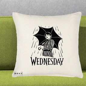 Perna Personalizata Wednesday cu Umbrela Ploaie Lineart, 40x40 cm, Crem Reliefat, Husa Detasabila, Perna Inclusa, BEKZ®