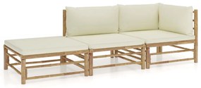 Set mobilier de gradina cu perne alb crem, 3 piese, bambus Crem, colt + mijloc + suport pentru picioare, 1