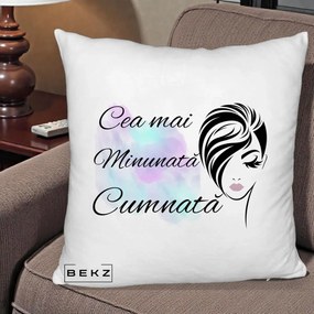 Cadou pentru Cumnata - Perna Personalizata Cea mai Minunata Cumnata cu Silueta Dama si Pete Multicolor, 40x40 cm, Alb Pufos, Husa Detasabila, Perna Inclusa, BEKZ®