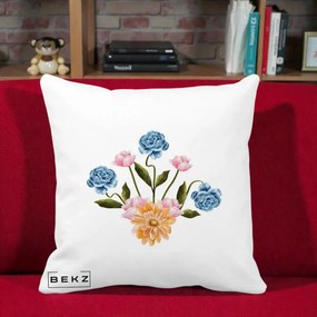 Perna Decorativa Buchet Primavara Acuarela, 40x40 cm, Alba Mata, Husa Detasabila, Perna Inclusa, BEKZ®