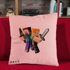 Perna Personalizata Minecraft Steve si Alex, 40x40 cm, Roz, Husa Detasabila, Perna Inclusa, BEKZ®