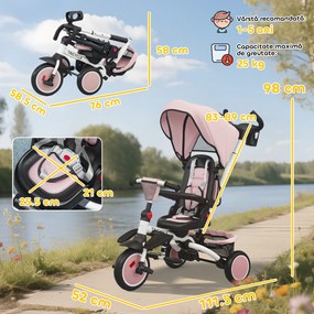 AIYAPLAY Tricicletă 6 în 1 pentru Copii, cu Mâner Parental și Scaun Rotativ, 111,5x52x98 cm, Roz | Aosom Romania