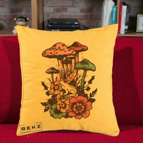 Perna Decorativa Ciuperci si Broaste Boho, 40x40 cm, Galben, Husa Detasabila, Perna Inclusa, BEKZ®
