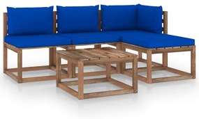 Set mobilier gradina paleti cu perne, 5 piese, lemn pin tratat Albastru, Colt + 2x mijloc + 2x suport pentru picioare, 1