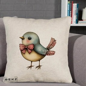 Perna Decorativa Pasare Bleu cu Fundita Rosie, 40x40 cm, Bej Canapea, Husa Detasabila, Perna Inclusa, BEKZ®