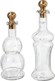 Set 2 sticle decorative din sticlă canelată cu capac sferic din alamă antichizată, 33 × 10 cm, „Flacon"