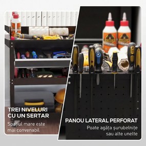 DURHAND Cărucior cu 3 Niveluri din Oțel cu Sertar, Suport Lateral pentru Unelte și Mâner, Negru | Aosom Romania