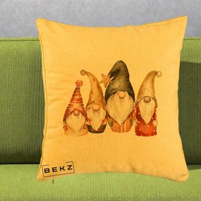 Perna Decorativa Gnomi de Craciun Patru, 40x40 cm, Galben, Husa Detasabila, Perna Inclusa, BEKZ®