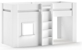 Pat semi-supraetajat pentru copii RENO, alb, 90 x 200 cm, din MDF lacuit de înaltă calitate, cu spațiu multifunctional dedesubt – Vipack