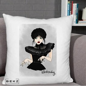 Perna Personalizata Wednesday Addams Portret Gotic, 40x40 cm, Alb Pufos, Husa Detasabila, Perna Inclusa, BEKZ®