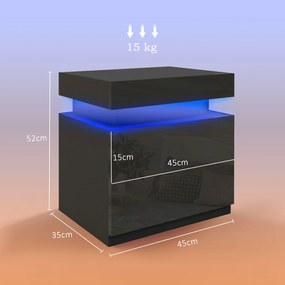HOMCOM Masă de noapte neagră cu lumină LED, Front lucios cu 2 sertare, pentru Sufragerie, Dormitor | Aosom Romania