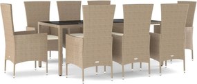 vidaXL Set de masă pentru grădină, 9 piese, cu perne, bej, poliratan