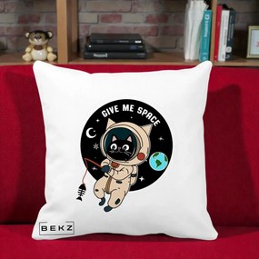 Perna Decorativa Give Me Space Pisica Astronaut, 40x40 cm, Alba Mata, Husa Detasabila, Perna Inclusa, BEKZ®