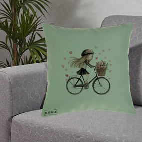 Perna Decorativa Fetita Kawaii pe Bicicleta cu Trandafiri si Inimioare, 40x40 cm, Verde, Husa Detasabila, Perna Inclusa, BEKZ®
