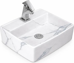 LINZ-M || Lavoar montat pe blat, ceramică, alb, cu model marmură, pătrat