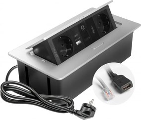 Priza incorporabila in blat Multi Soft GTV, 2 prize Schuko, USB A + C, HDMI, RJ45, aluminiu, 240 x 120 mm Aluminiu Plastic, Aluminiu, L:240 mm; l:120