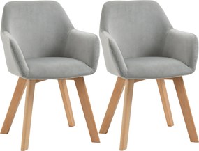 HOMCOM Set 2 Scaune de Sufragerie cu Picioare din Lemn, Scaune de Bucatarie Capitonate cu Cotiere din Tesatura Catifelata, 54x57x80cm, Gri