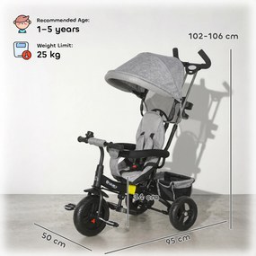 HOMCOM Tricicletă pentru Copii cu Mâner 6 În 1, Cărucior pentru Copii cu Baldachin Reglabil, Centura de Siguranță și Coș, Vârsta 1-5 ani, 95x50x106 cm, Gri