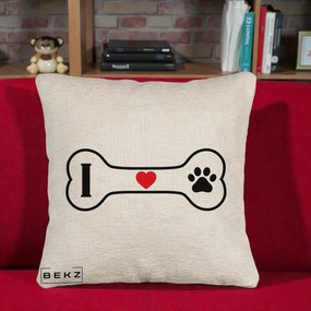 Perna Personalizata I Love Dog Os si Labuta, 40x40 cm, Bej Canapea, Husa Detasabila, Perna Inclusa, BEKZ®